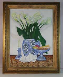 Delft Blue and White Vase with LiliesTable Setting Oversized oil Painting
