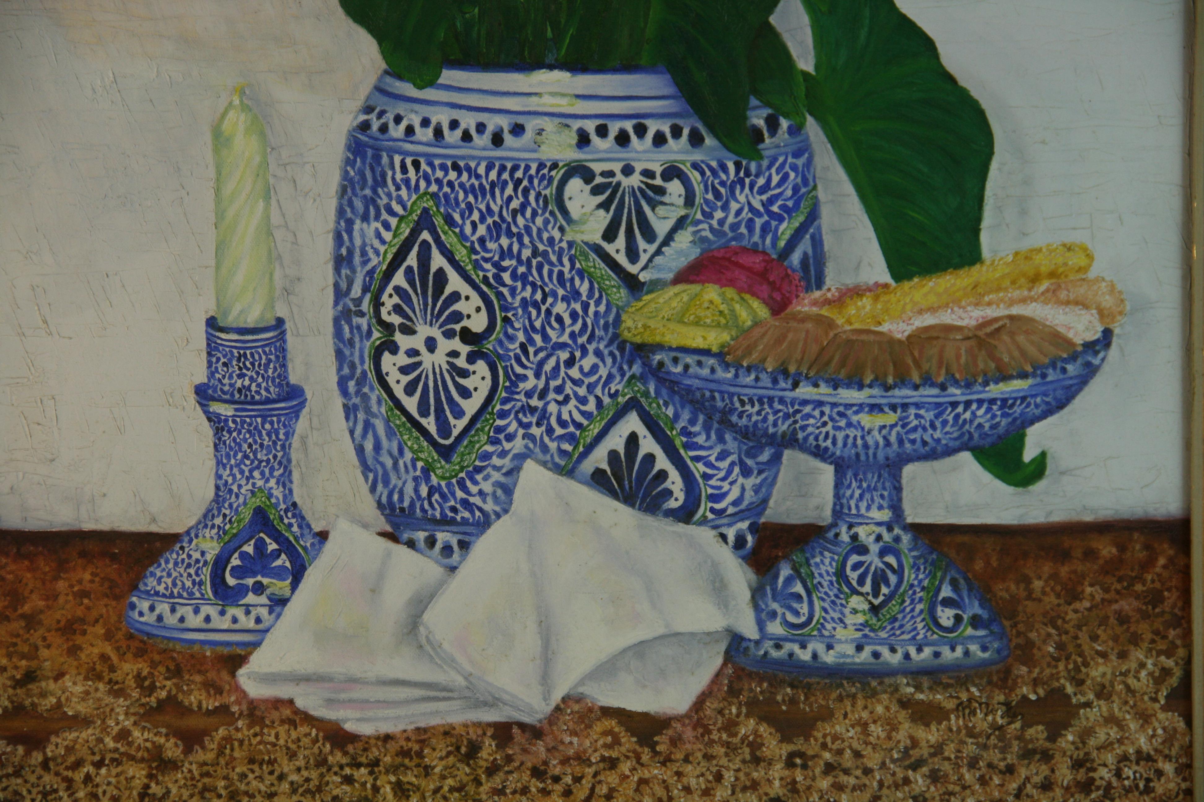 Delft Blau und Weiß Vase mit LilienTable Setting Oversized Ölgemälde im Angebot 2