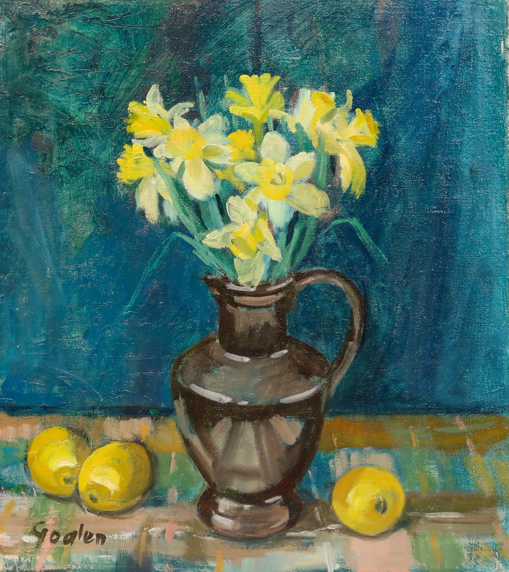 Delny Goalen - 20. Jahrhundert Öl, Stillleben mit Narzissen und Zitronen – Painting von Unknown