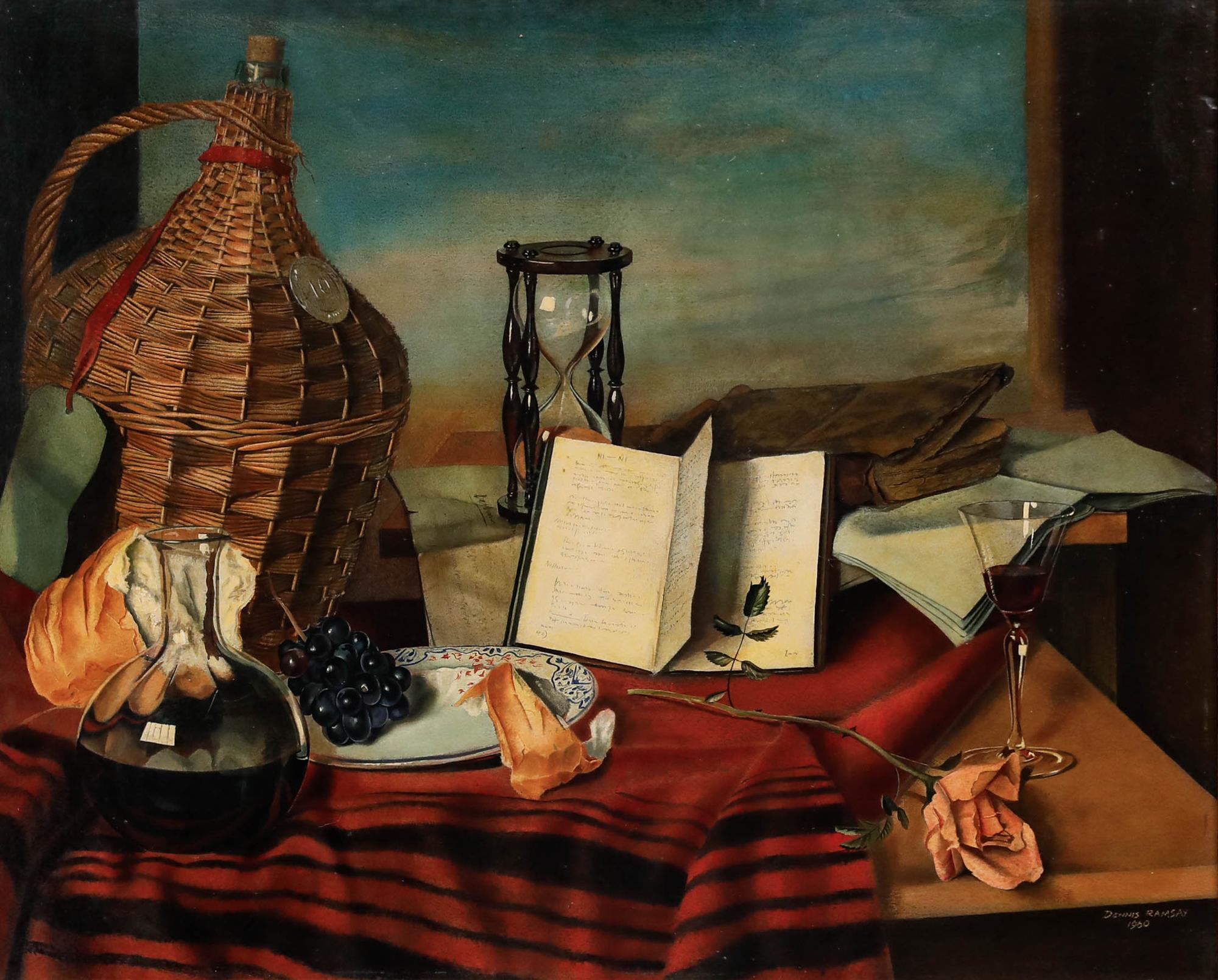 Dennis Ramsay (1925-2009) - Tempera à l'huile, Nature morte avec Demijohn enveloppée d'osier - Painting de Unknown