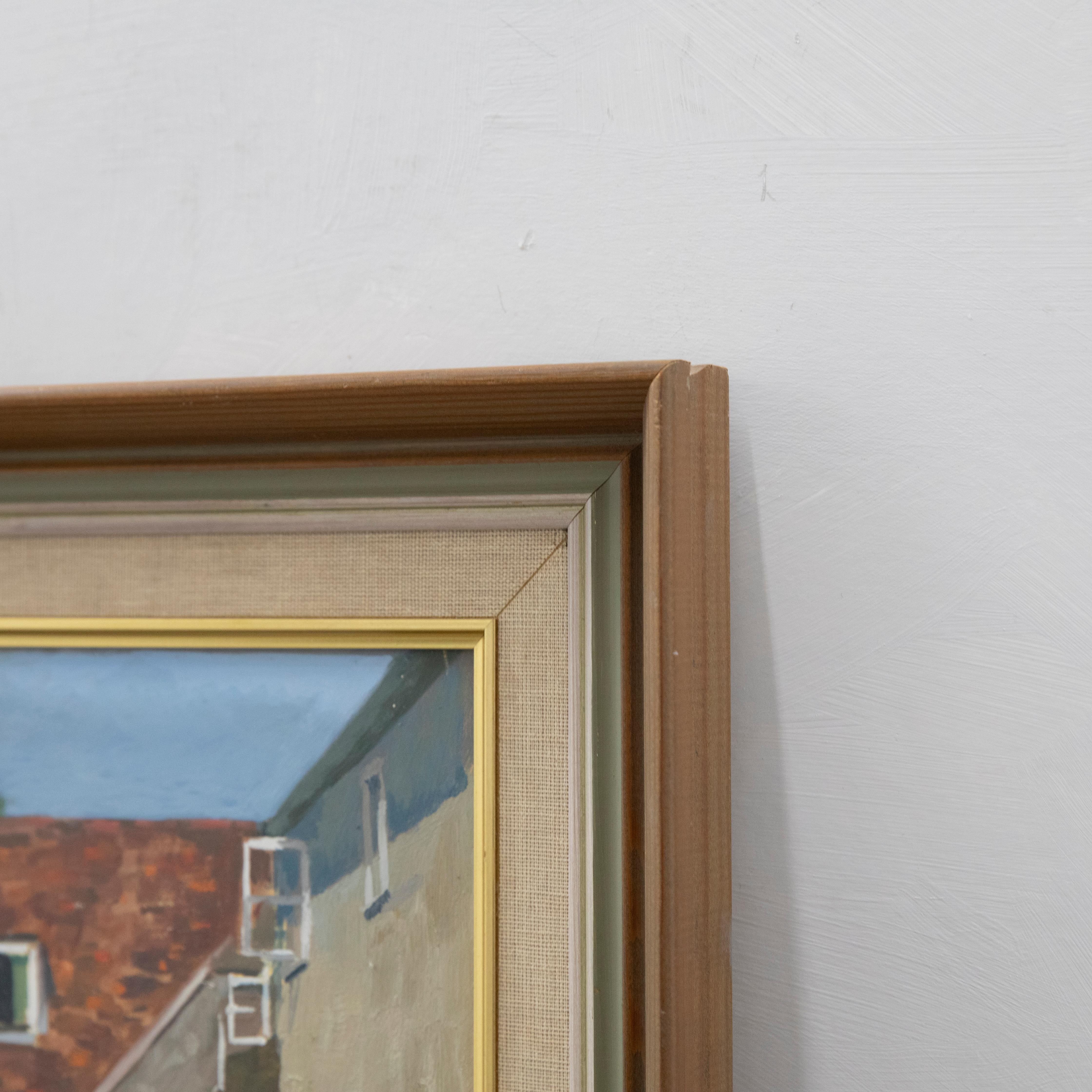 A delightful oil study of a private courtyard with summer flowers lining the cobbled walk. The oil has been well presented in a contemporary wood frame with a soft linen slip. Signed by the artist to the lower left. On board. 