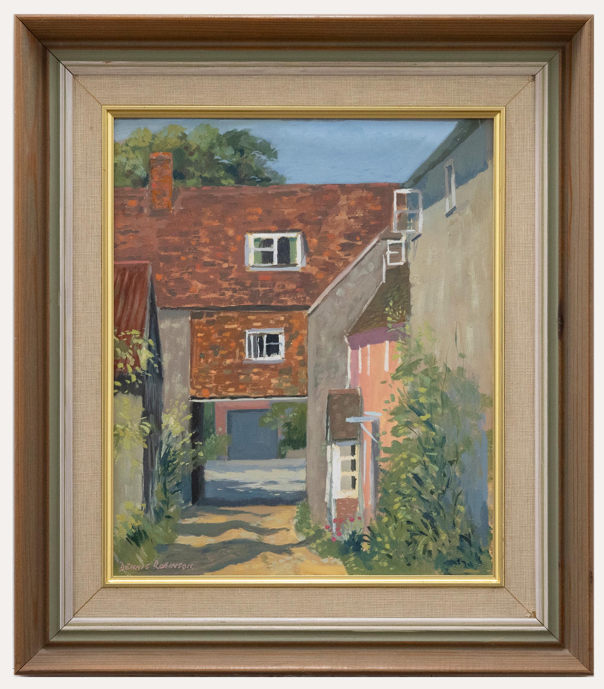 Unknown Landscape Painting - Dennis Robinson - Framed Contemporary Oil, Sunny Courtyard
