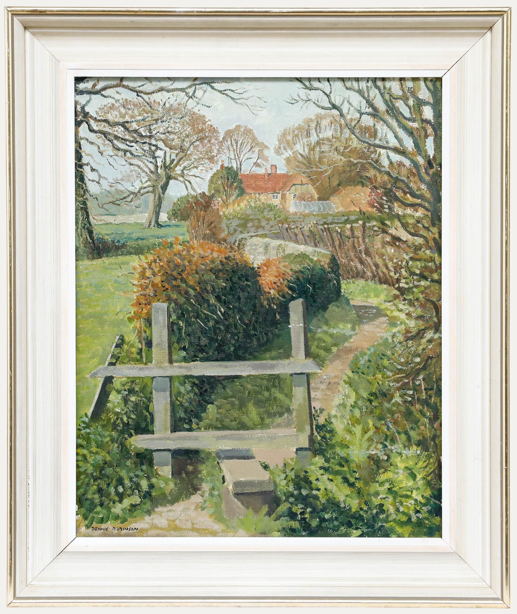 Landscape Painting di Unknown - Dennis Simpson Robinson (1921-2000) - Olio del 1976, Sentiero a Eastergate, Sussex