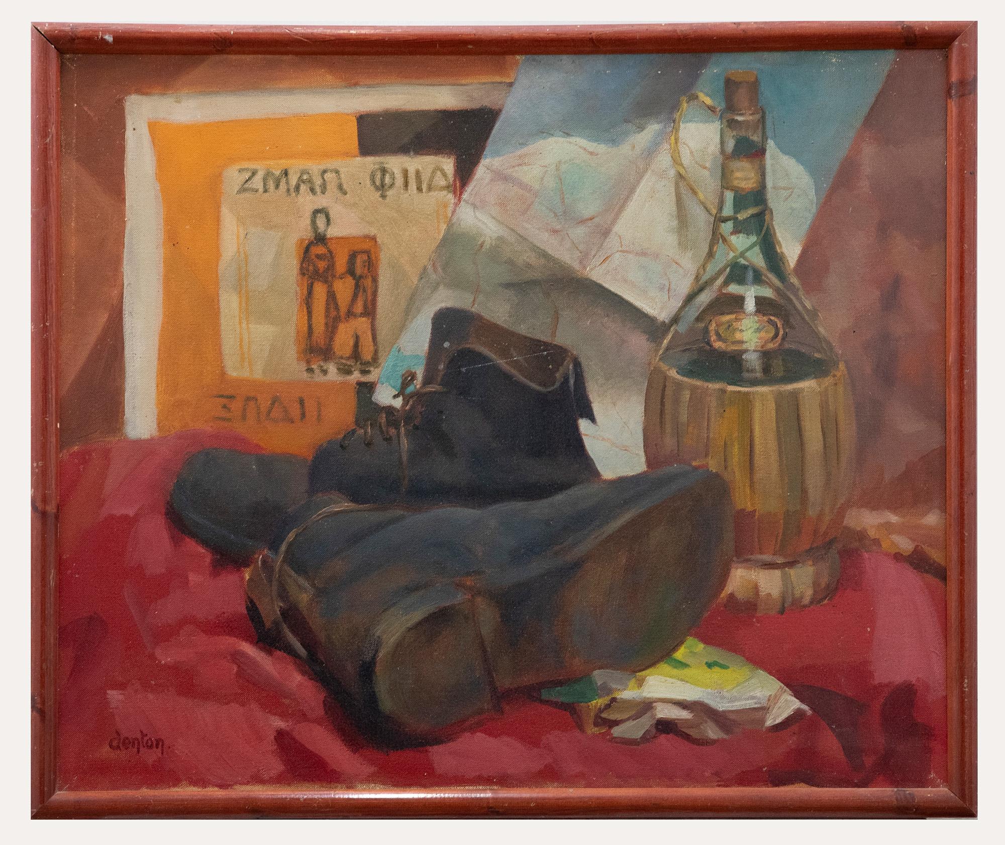 Unknown Still-Life Painting - Denton - 20th Century Oil, Old Boots and Chianti
