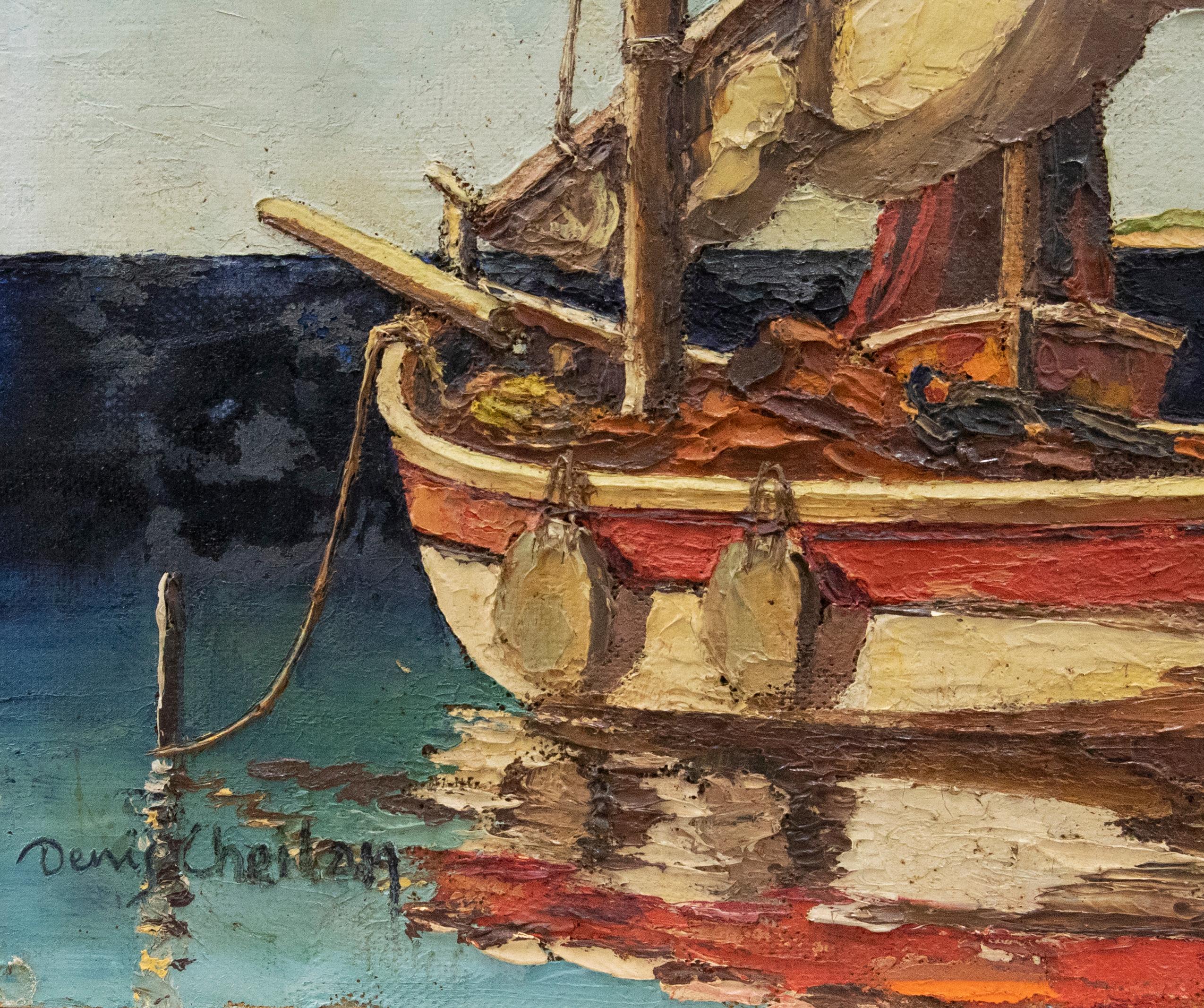 A striking oil study of three colourful fishing boats moored in a quiet bay. The artist has applied oil paint straight from the tube to create this thick impasto scene with palette knife detail. Signed by the artist to the lower left. On board.