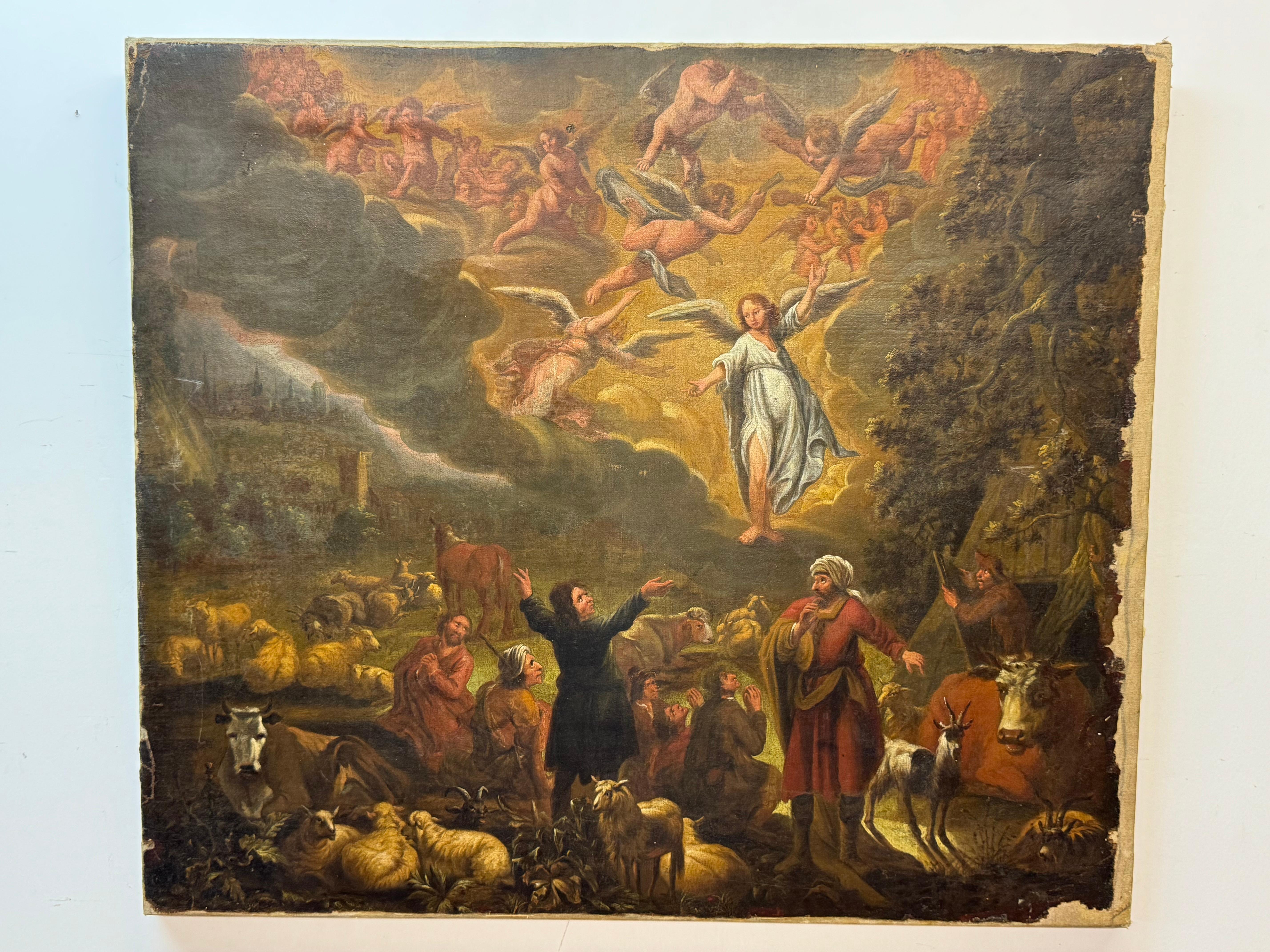 Unknown Figurative Painting - Depicting the annunciation of the shepherds