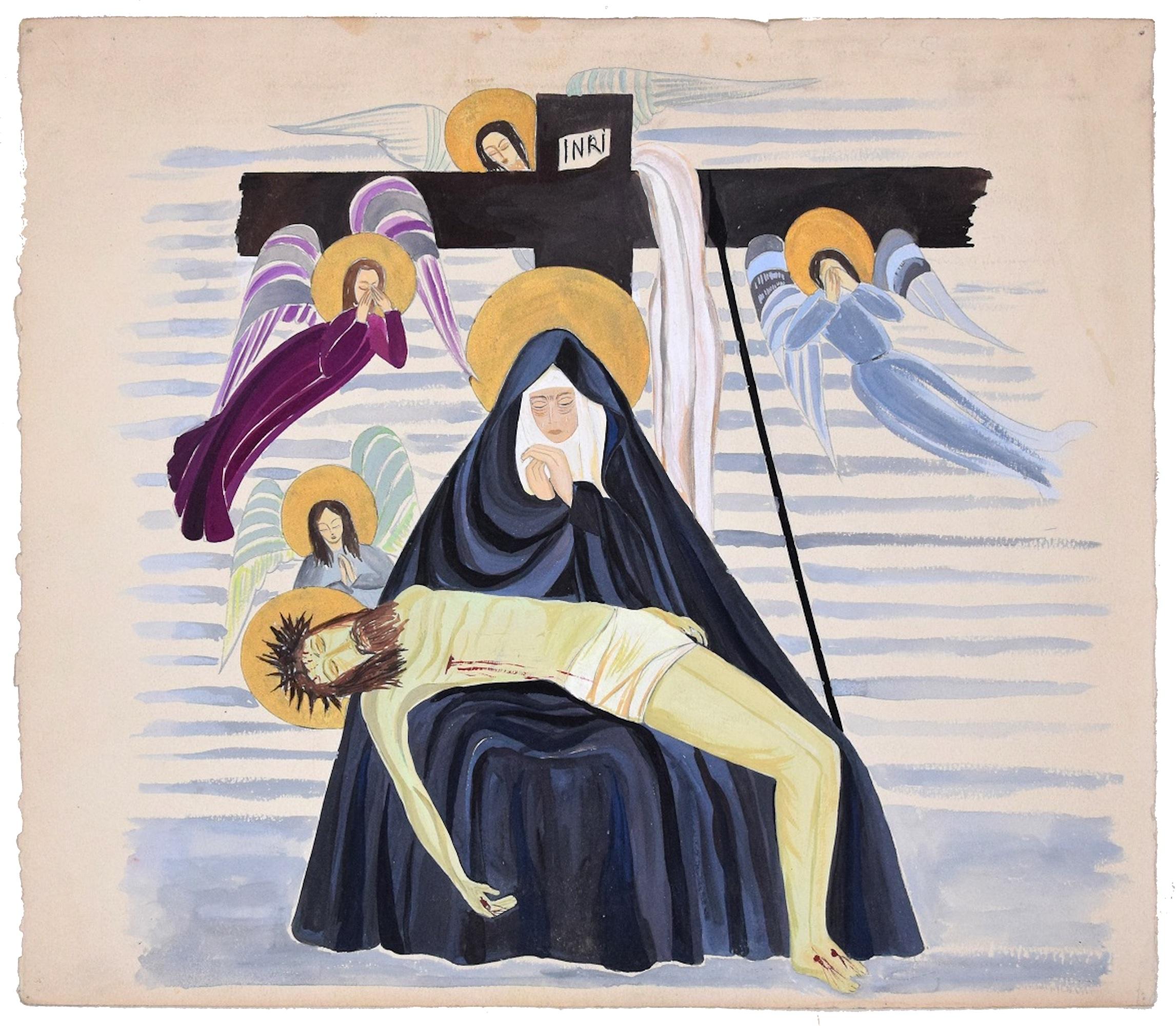 Deposition - Tempera on Paper by French Artist - Mid 20th Century - Painting by Unknown