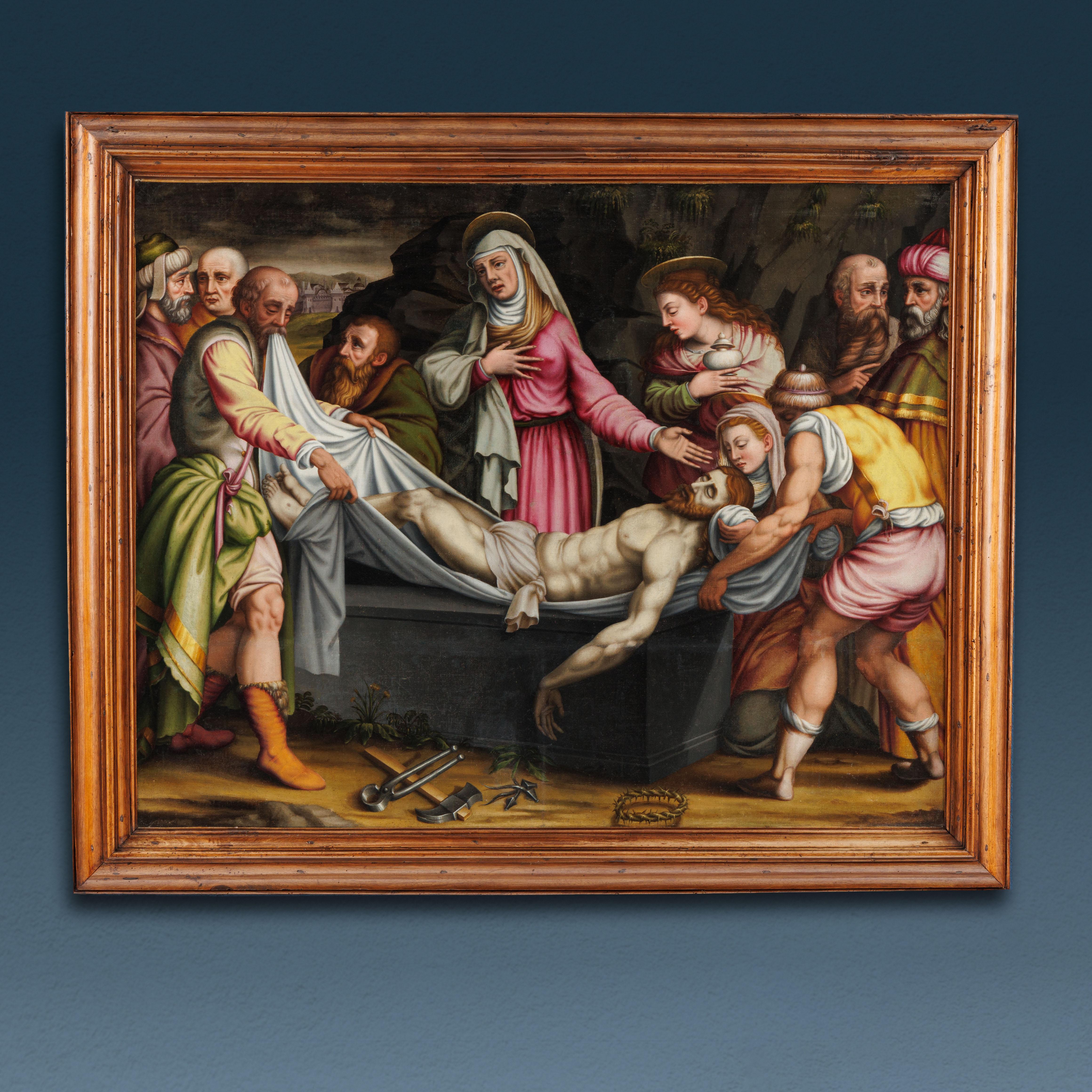 Unknown Figurative Painting – Deposizione di Cristo nel sepolcro. Pittore lombardo (Giuseppe Meda?) 1560-1570 