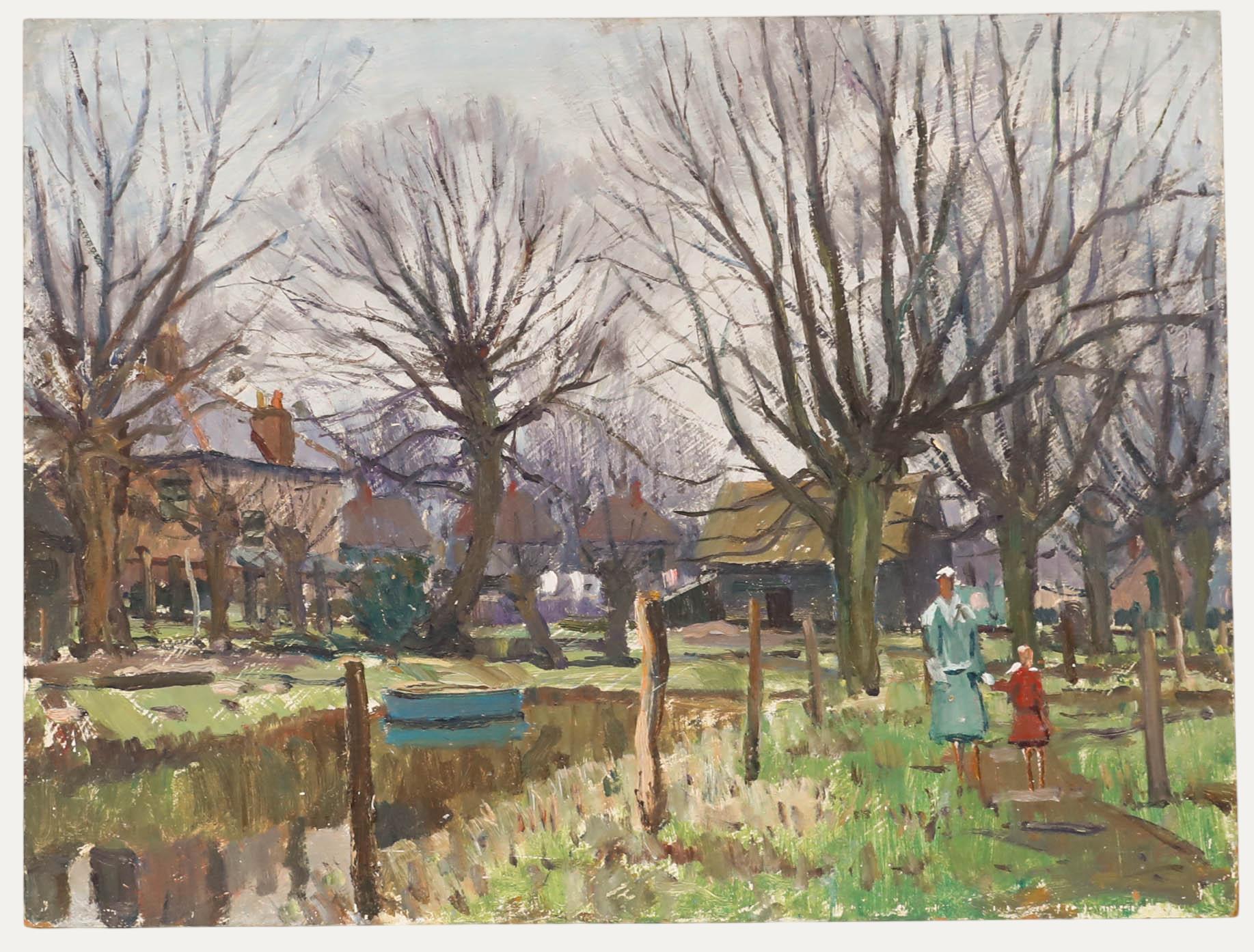 Derek Arthur Ede (1922-1983) - Huile du milieu du 20e siècle, Promenade le long du canal