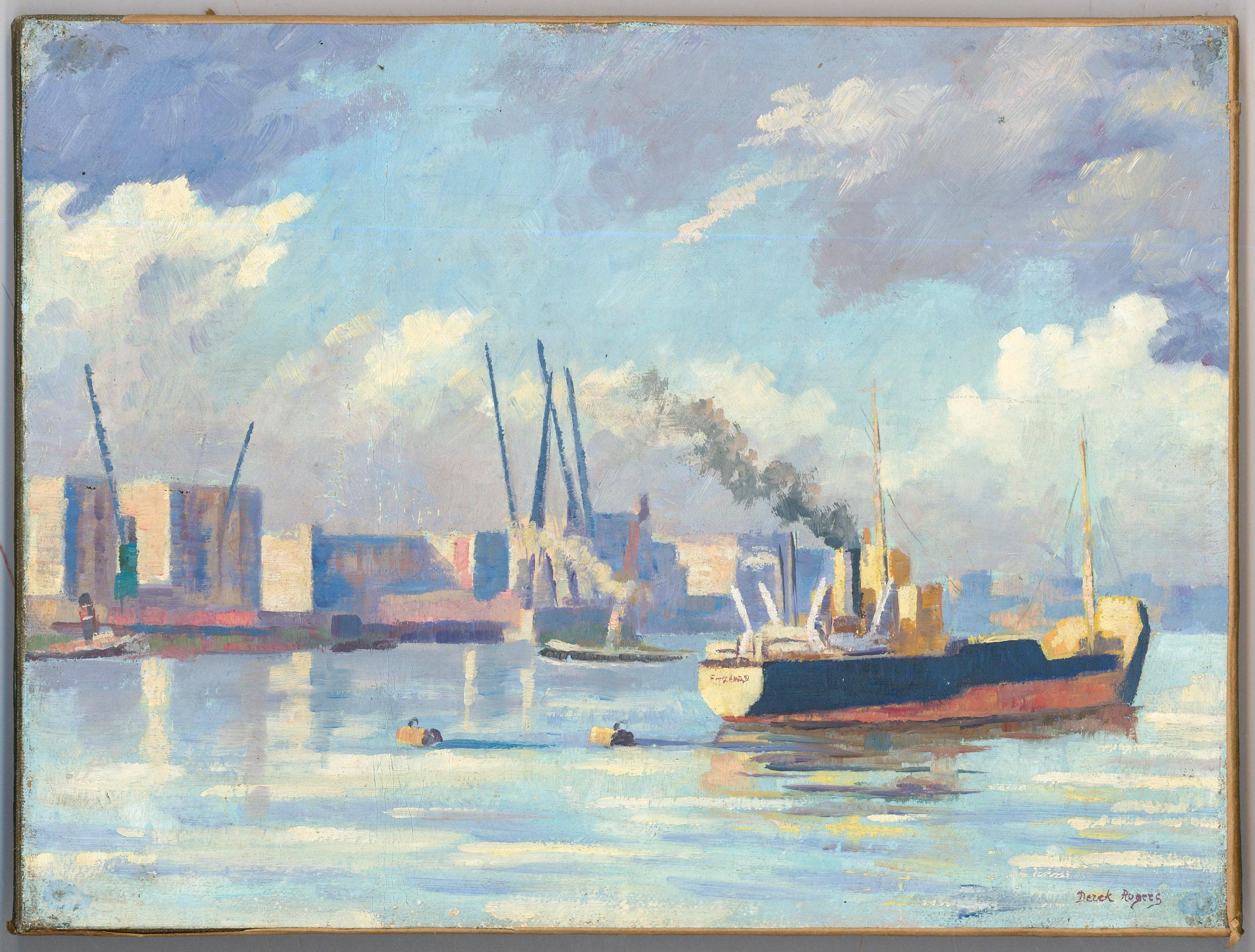 Derek Langton Rogers (1910-1987) Ölgemälde, Boote und Kraniche an der Themse, 20. Jahrhundert – Painting von Unknown