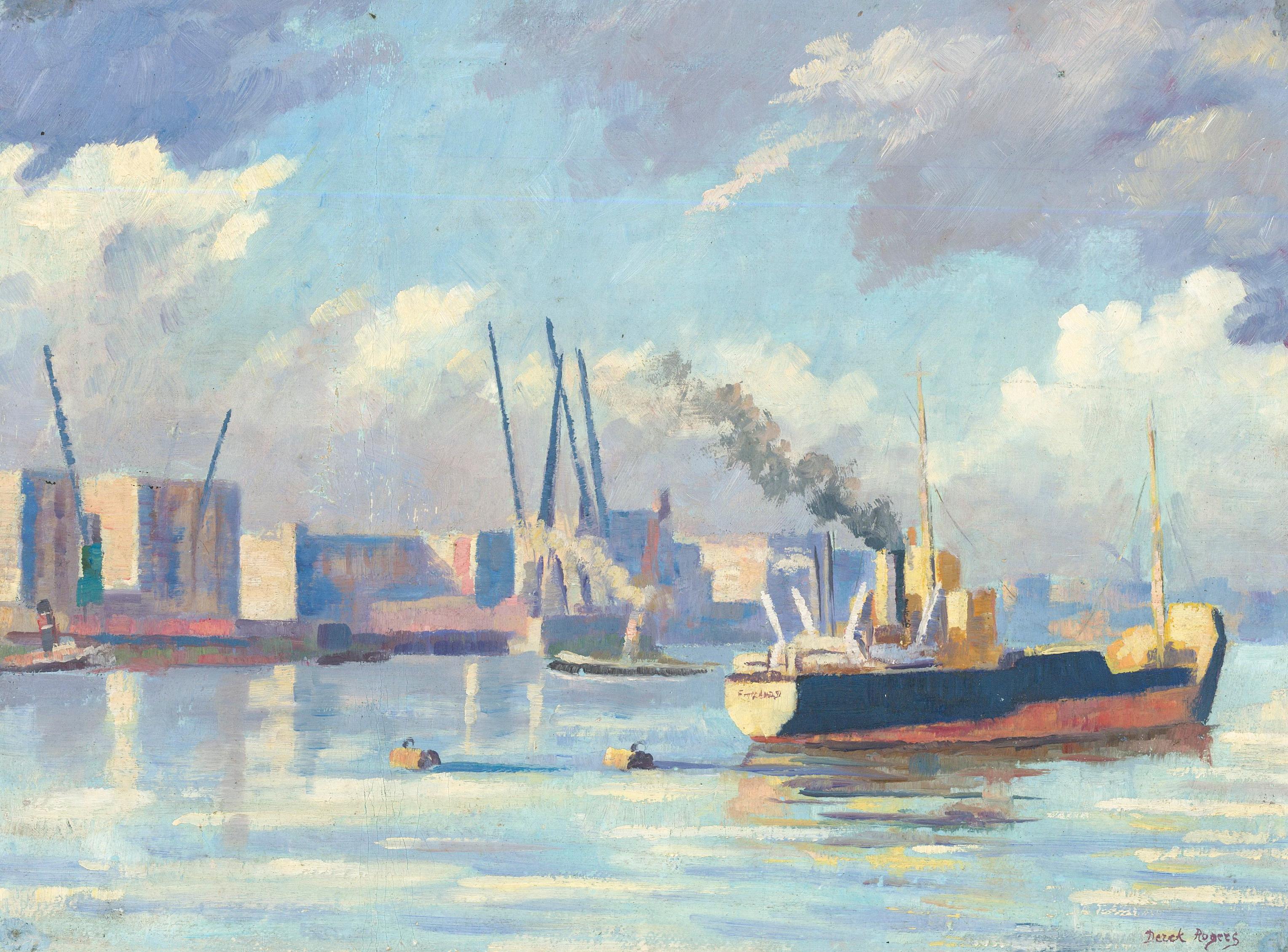Derek Langton Rogers (1910-1987) Ölgemälde, Boote und Kraniche an der Themse, 20. Jahrhundert