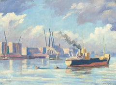 Vintage Derek Langton Rogers (1910-1987)- 20th Century Oil, Boats & Cranes on the Thames