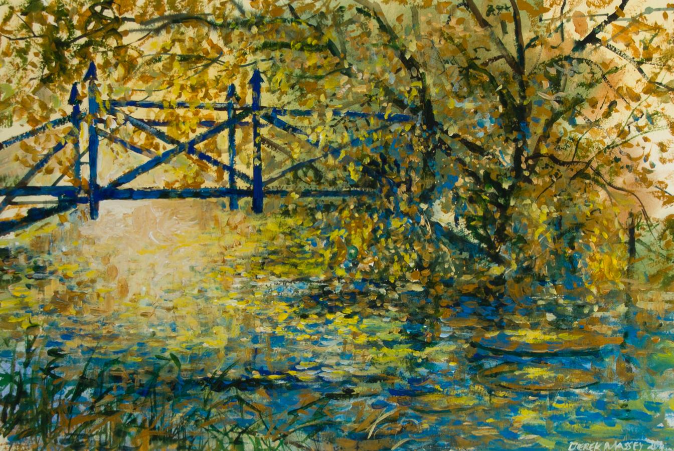 Derek Massey - Framed 1999 Acrylic, Impressionist Lake Landscape - Painting by Unknown