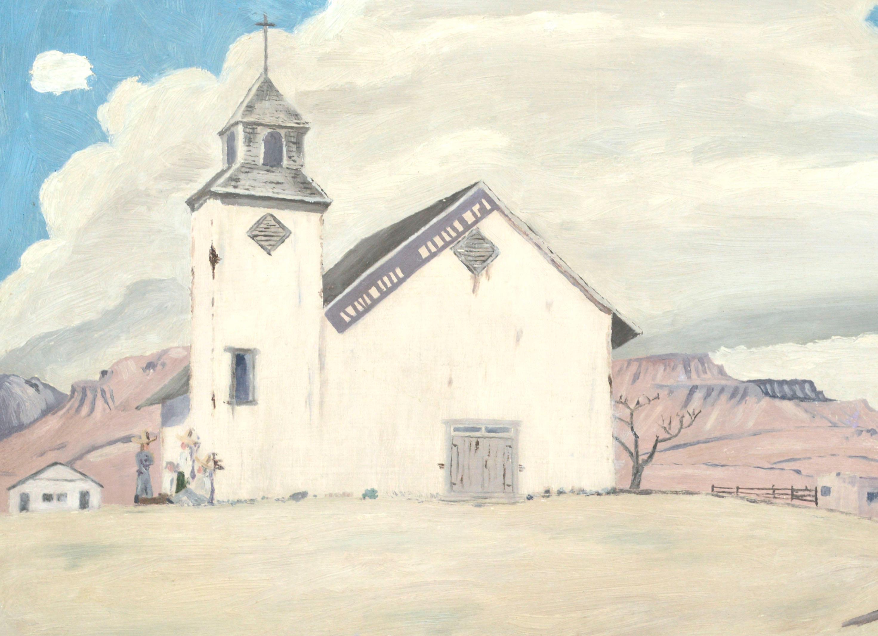 Desert Church with Cowboys, Mid Century Figurative Landscape  - Painting by Unknown