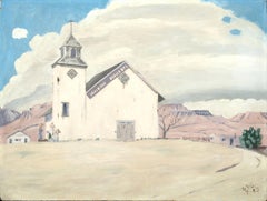 Desert Church with Cowboys, Mid Century Figurative Landscape 