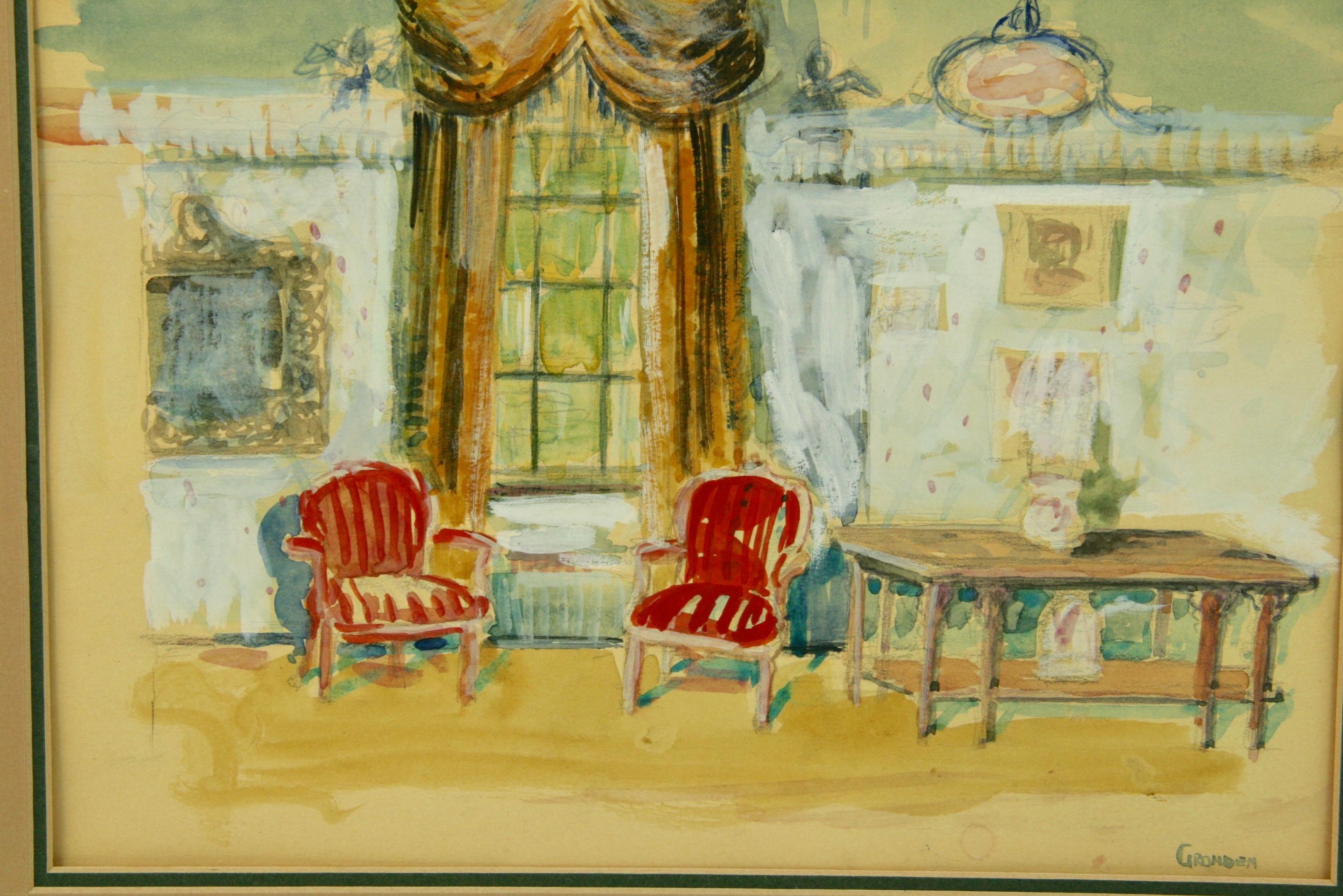 Gouache on paper of a designers interior rendering, signed by Grondein
Set in a 16x20