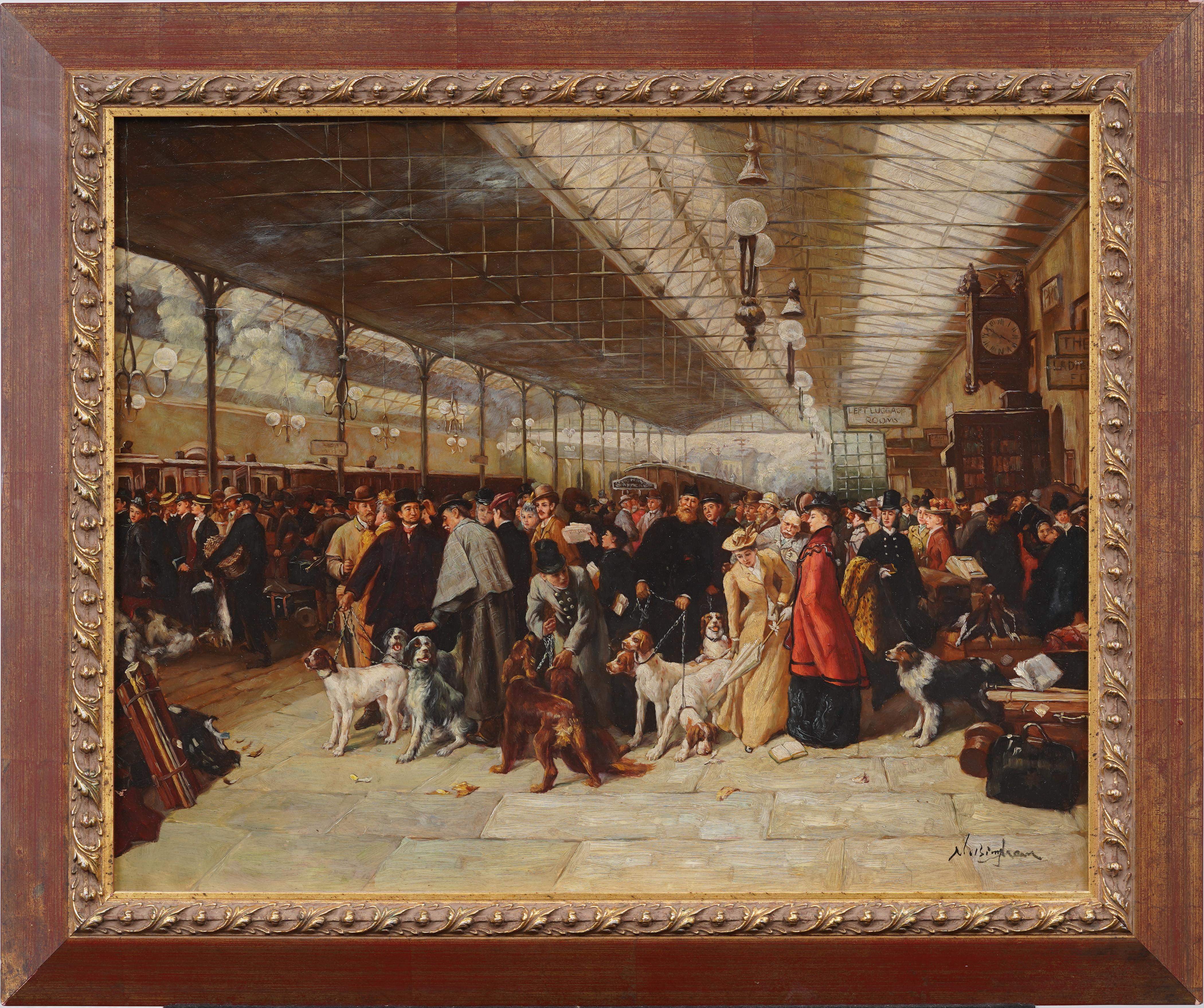 Detailed Contemporary Impressionist Train Station Signed and Framed Oil Painting - Brown Landscape Painting by Unknown