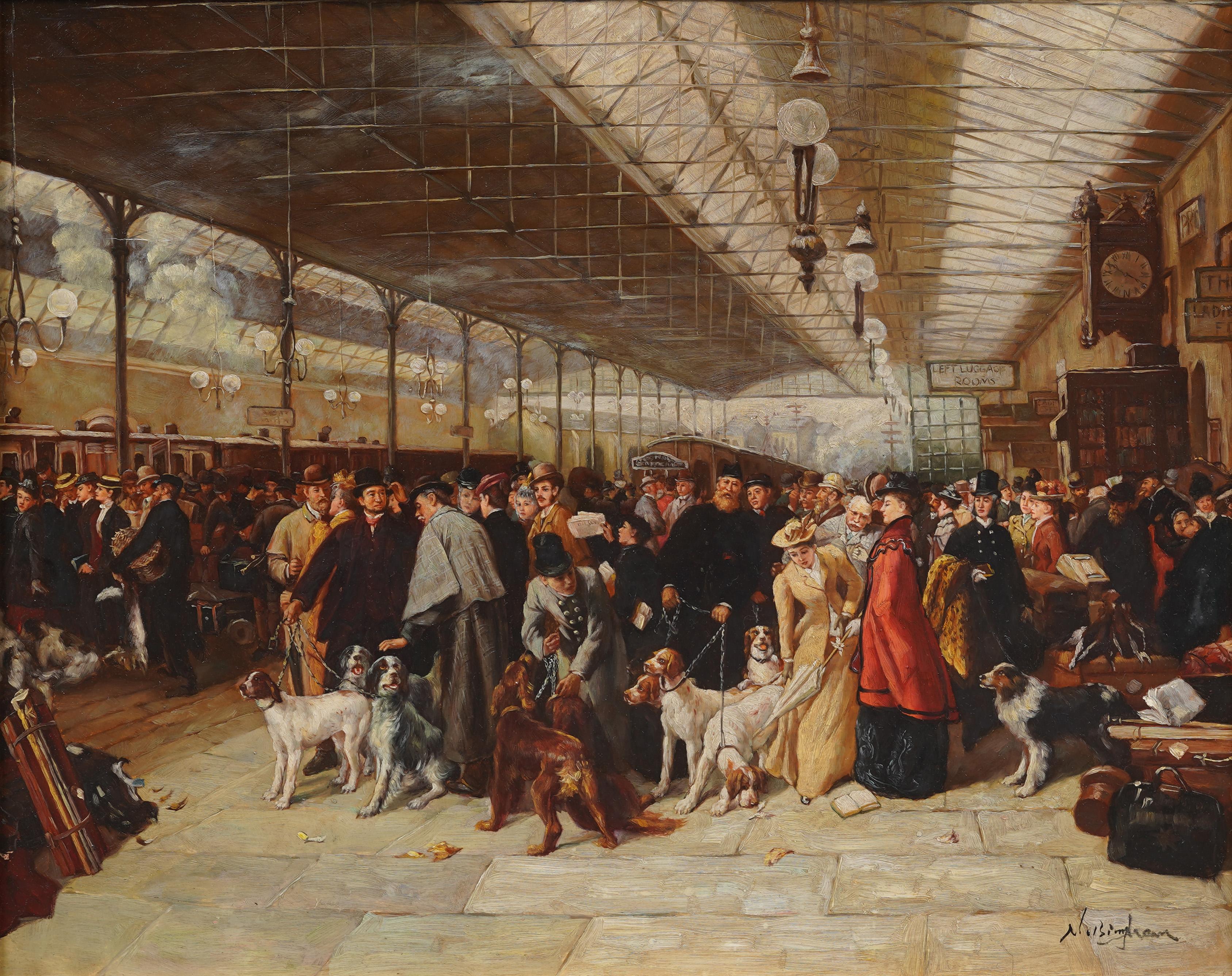 Super detailed French impressionist train depot painting.  Oil on board.  Signed.  Framed.  Image size, 16