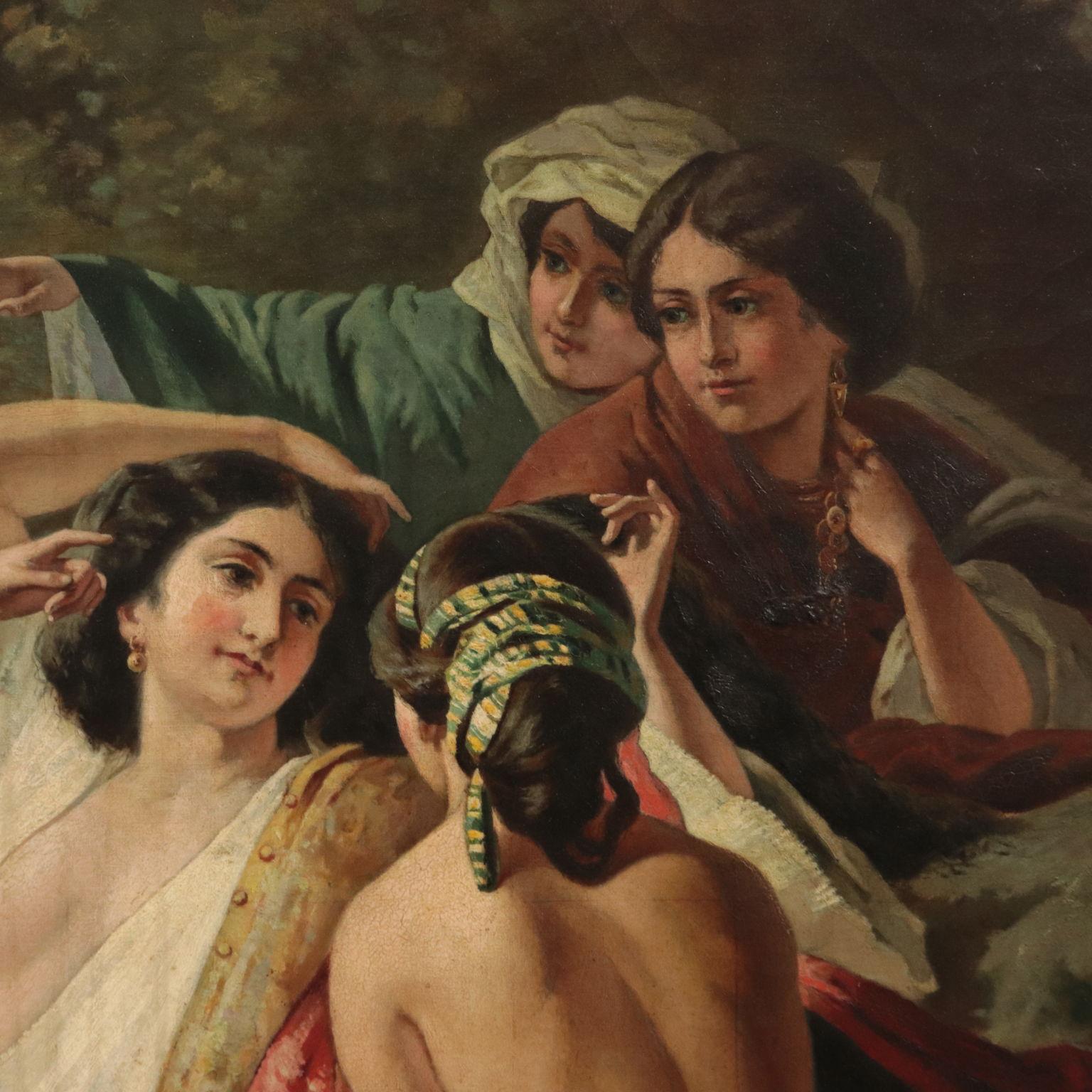 oil on canvas. Italian school.
Group of young and beautiful girls half-dressed and overdressed with exotic necklace that are going to bath in a small lake in the woods, while on the left side a man is spying them hidden between the fronds.
The scene