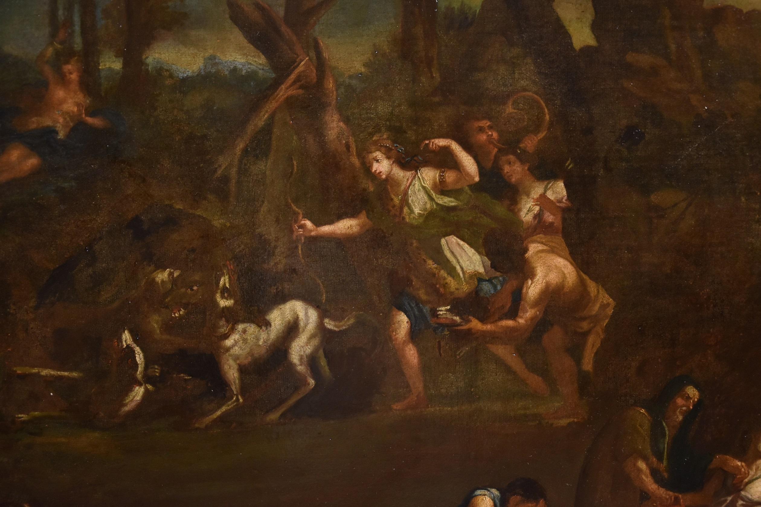 Bon Boullogne (Paris, 1649 - Paris, 1717) Werkstatt von
Episoden aus dem Mythos der Diana

ölgemälde auf Leinwand
Abmessungen: 84 x 114 cm.
mit antikem Rahmen 100 x 132 cm.

Das schöne Gemälde zeigt eine Reihe von Episoden aus dem Mythos der Göttin