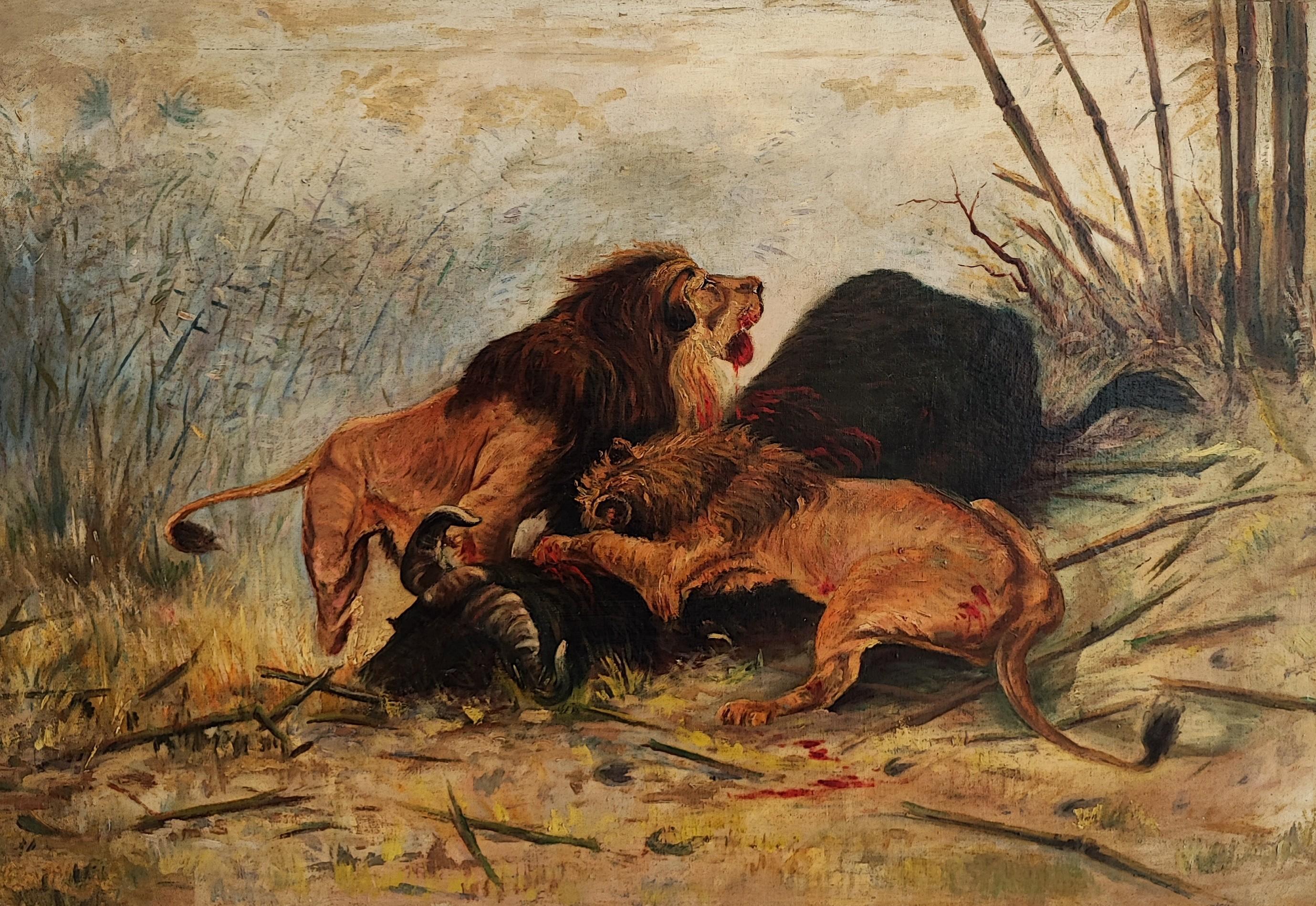 Figurative Painting Unknown - Le dîner des lions