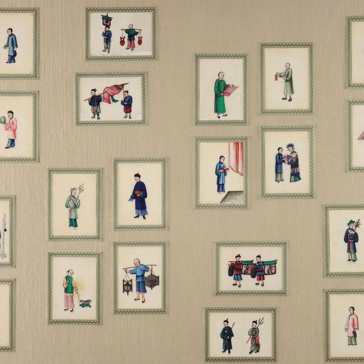 Tempera on pith- paper. Chinese production, Guangzhou, Qing era, ca. 1860.
Collection of twenty-eight paintings depicting Chinese courtiers, literati and merchants.
They were originally kept in an album, but are presented here instead in a beautiful