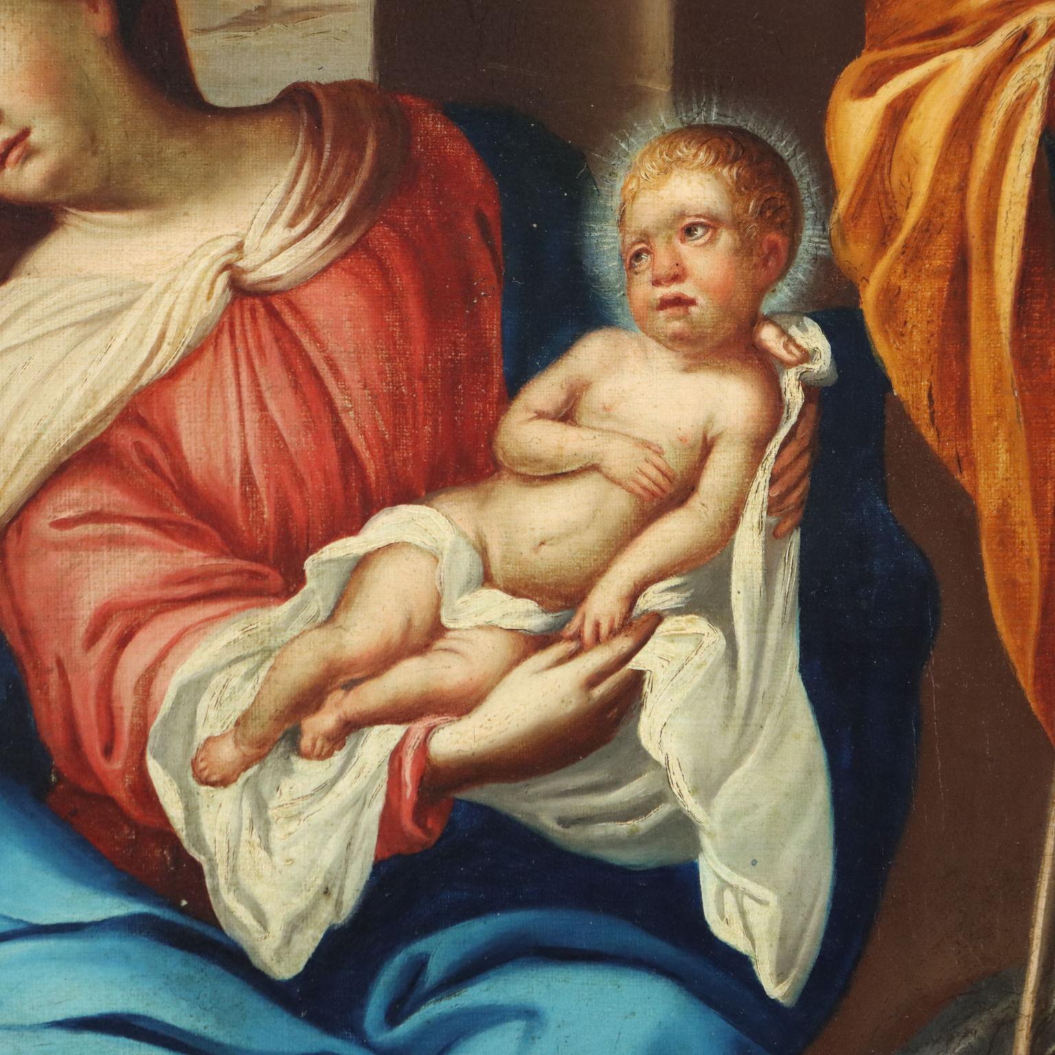 Olio su tela. 
La scena è ambientata all' interno di un palazzo marmoreo, con archi e volte; le numerose figure occupano lo spazio in un gioco di corpi che si intrecciano e sguardi che si incrociano.
Al centro la Vergine Maria solleva il Bambin Gesù
