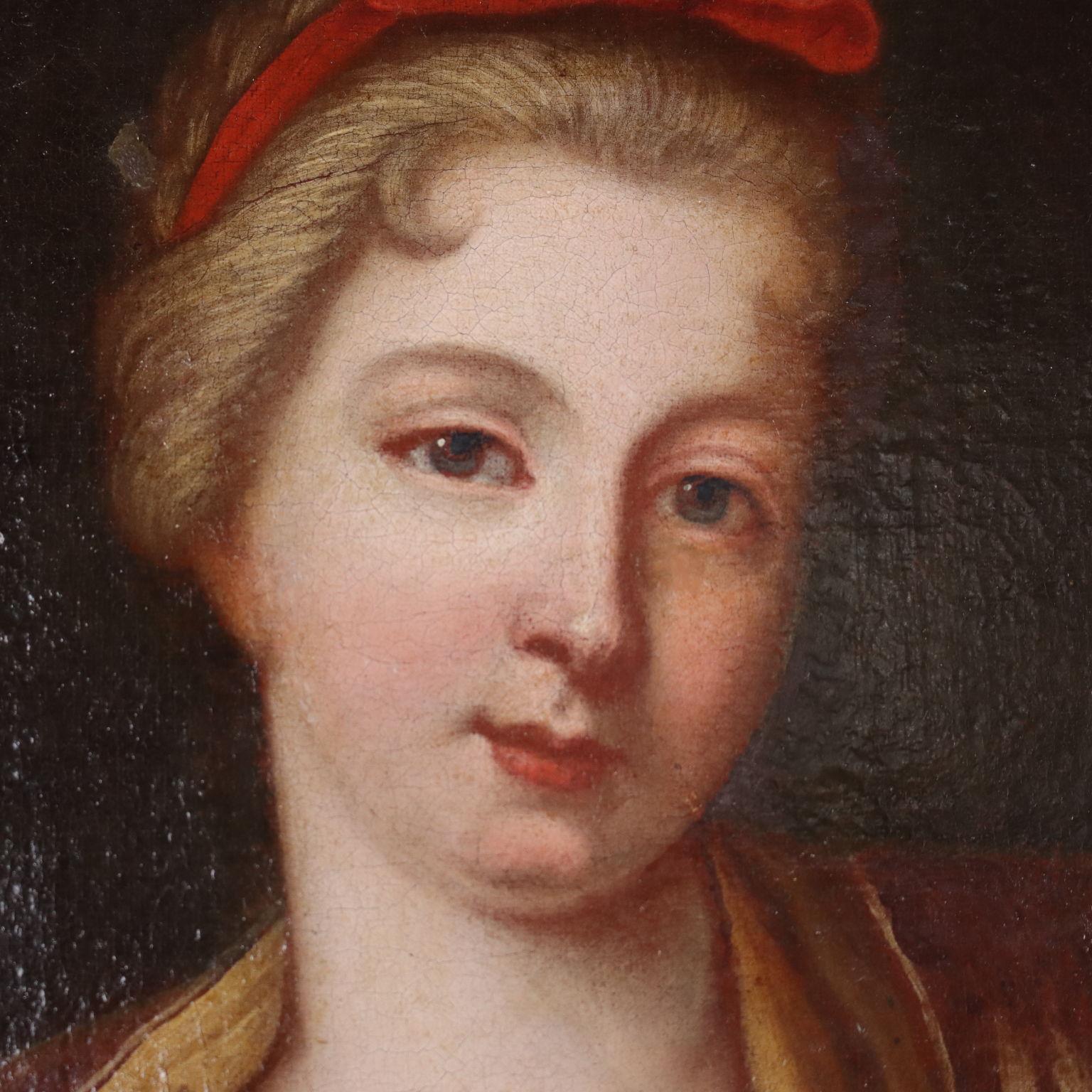 Öl auf Leinwand. Nordeuropäische Schule des 18. Jahrhunderts.
Die allegorische Szene zeigt eine diskrete Frau, die auf dem Schoß eines Mannes an einem Tisch sitzt, der mit einem Krug, einem Kelch, einer Schnupftabakdose und einer angezündeten