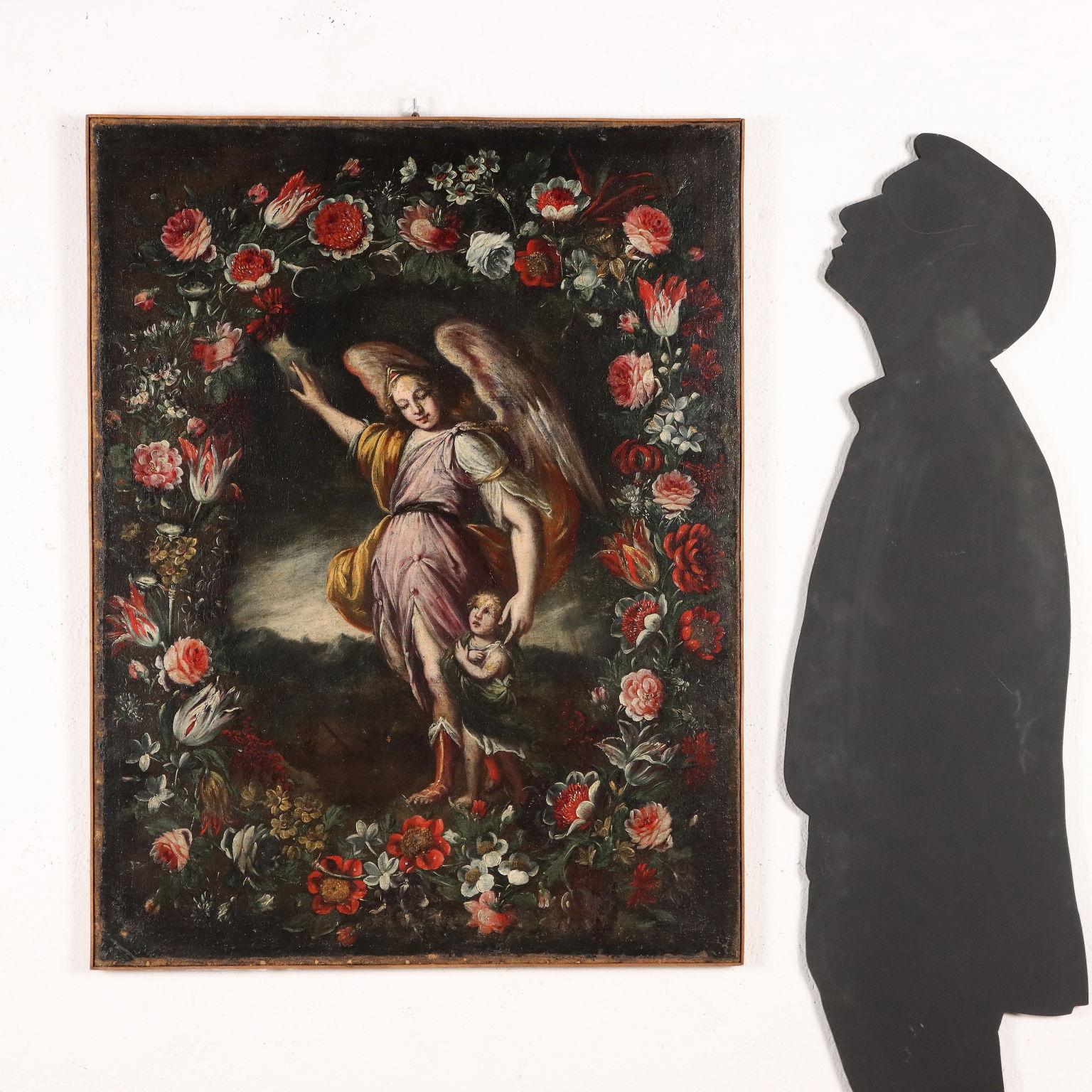 Dipinto Angelo custode in Ghirlanda di Fiori XVII secolo - Painting di Unknown