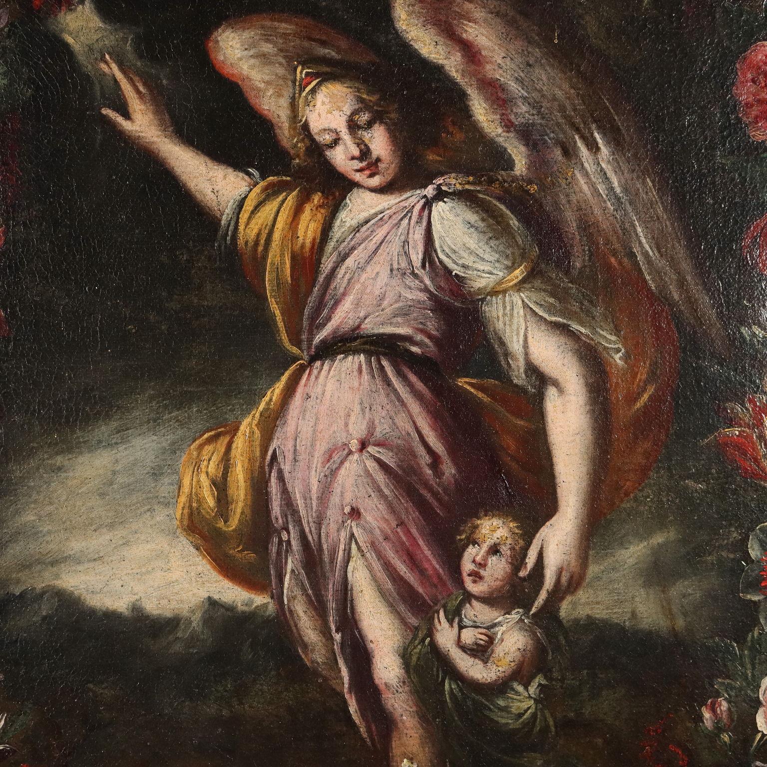 Dipinto Angelo custode in Ghirlanda di Fiori XVII secolo - Painting Altro stile artistico di Unknown