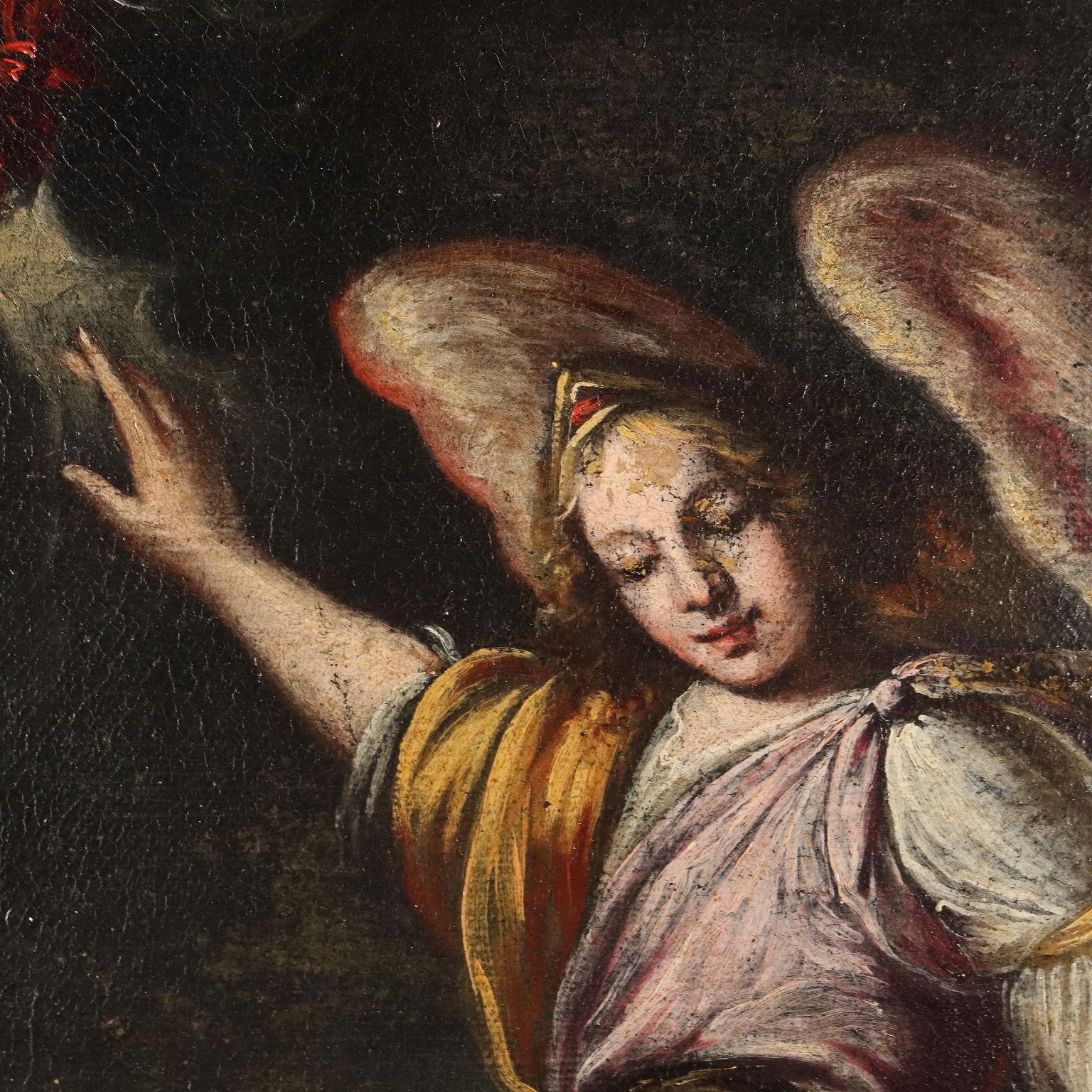 Dipinto Angelo custode in Ghirlanda di Fiori XVII secolo - Figurative Painting Black di Unknown