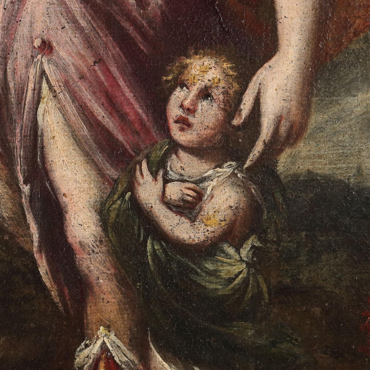 Olio su tela. Scuola centro-italiana del XVII secolo.
Secondo la tradizione iconografica, anche in questo dipinto l' angelo custode è raffigurato come un giovane alato che accompagna su un tratto di strada un fanciullo, indicandogli il cielo come