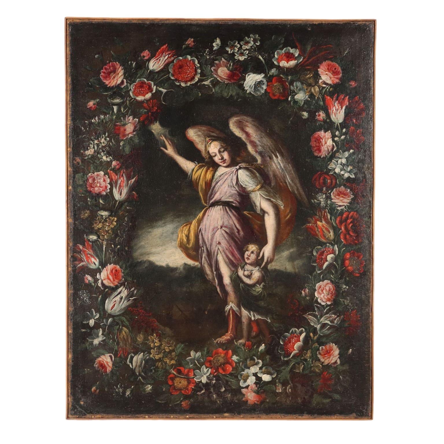 Figurative Painting di Unknown - Dipinto Angelo custode in Ghirlanda di Fiori XVII secolo