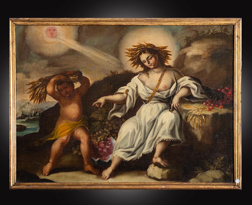 Unknown Figurative Painting – Antikes neapolitanisches Ölgemälde auf Leinwand, das die Allegorie des Sommers darstellt.