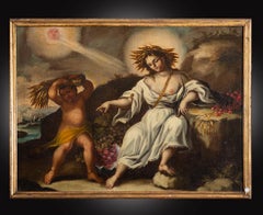 Antique Neapolitan oil on canvas painting depicting the allegory of summer.