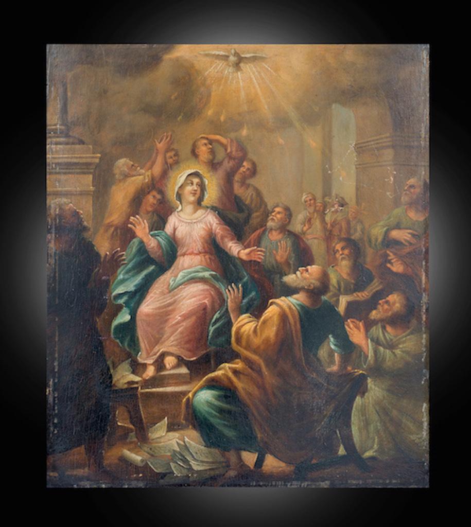 Unknown Figurative Painting - Antique oil on panel painting depicting Pentecost. Lombardy 18th century