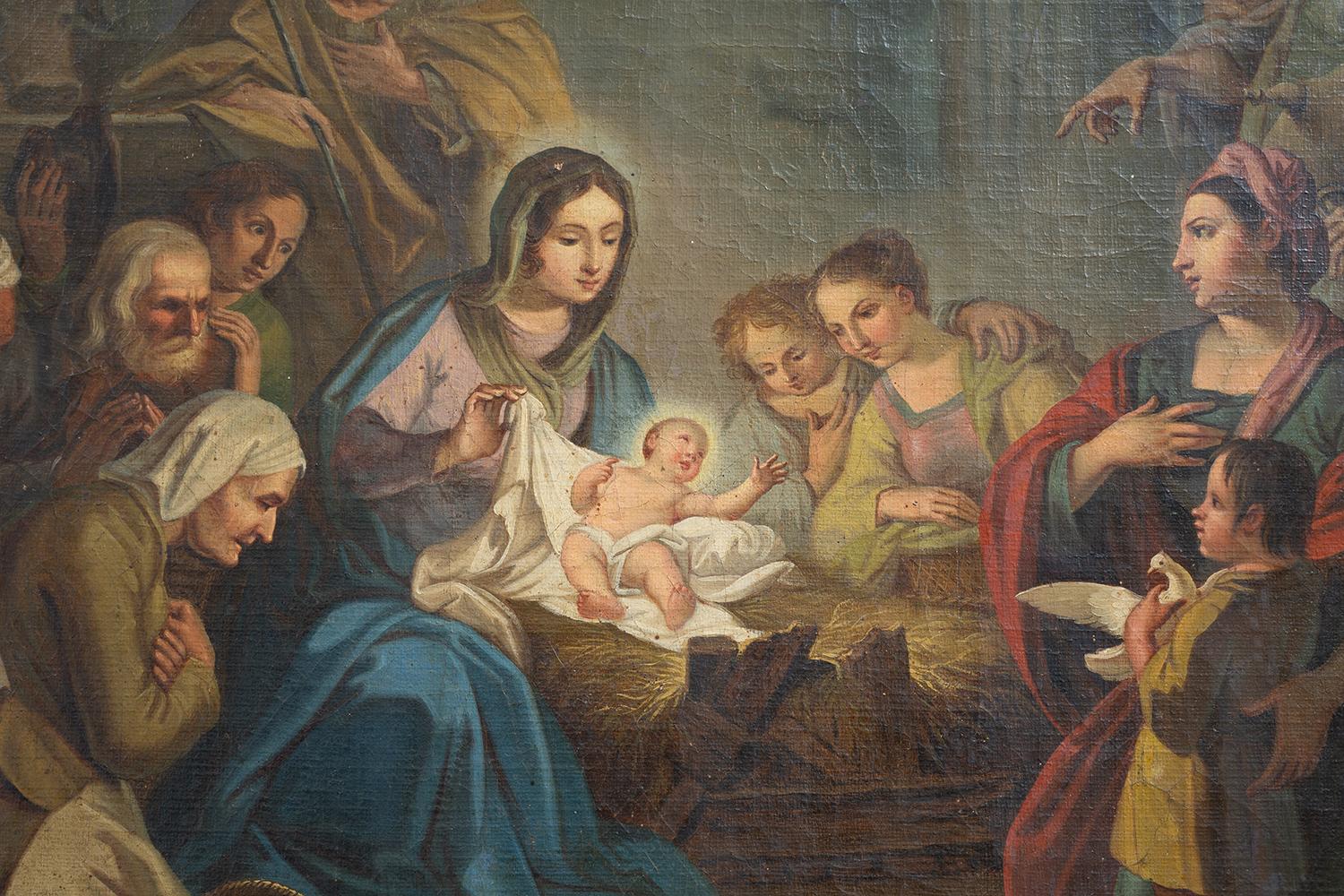 Dipinto antico olio su tela di manifattura napoletana raffigurante la Natività. - Painting di Unknown