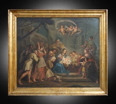 Antikes Ölgemälde auf Leinwand aus neapolitanischer Produktion, das die Geburt Christi darstellt.