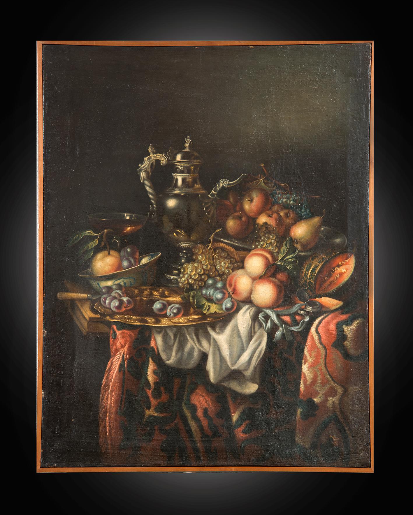 Still-Life Painting Unknown - Peinture à l'huile ancienne sur toile de provenance flamande représentant une nature morte.