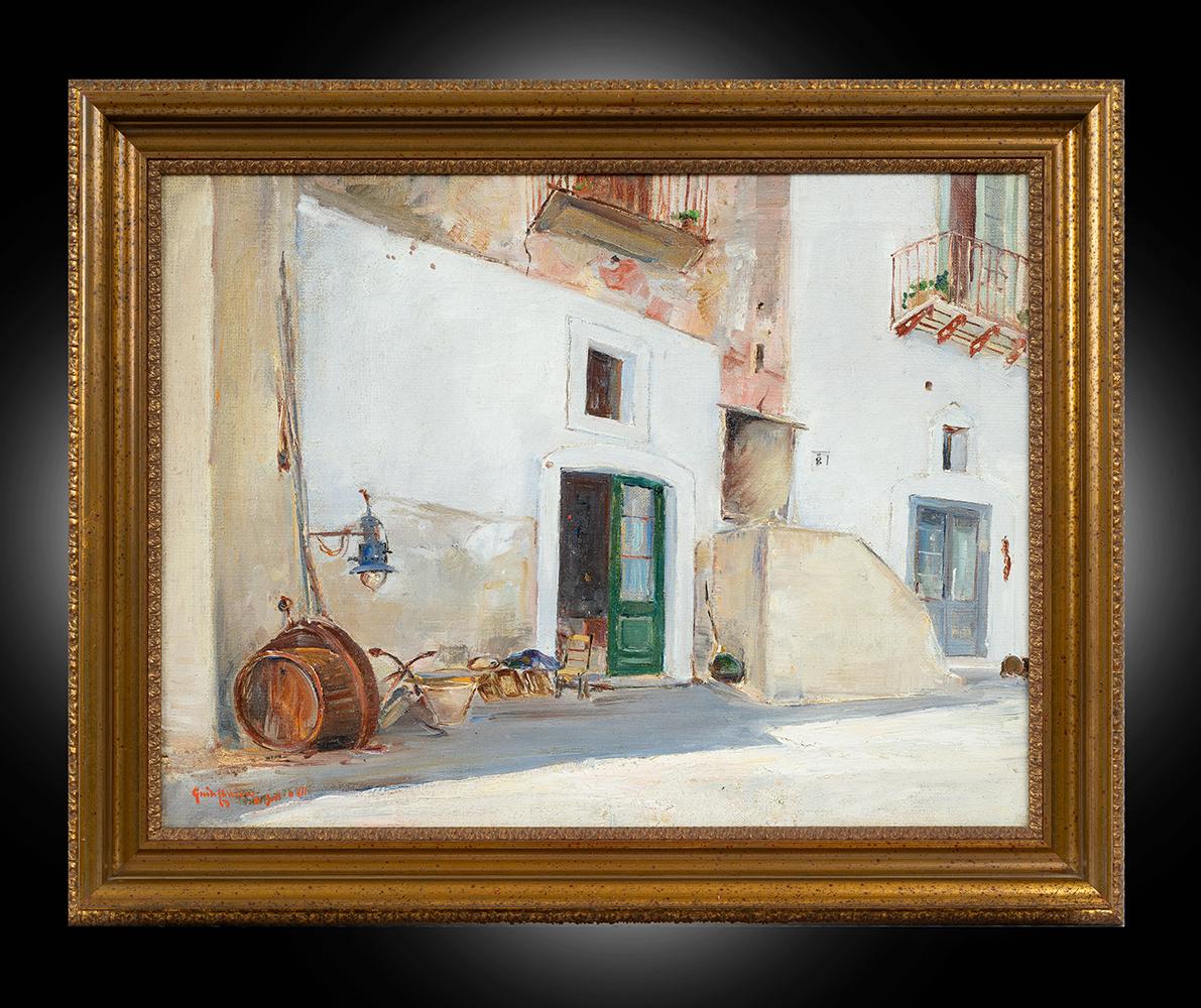Unknown Figurative Painting – Antikes Gemälde in Öl auf Leinwand, signiert "Guido Casciaro 1900-1963".
