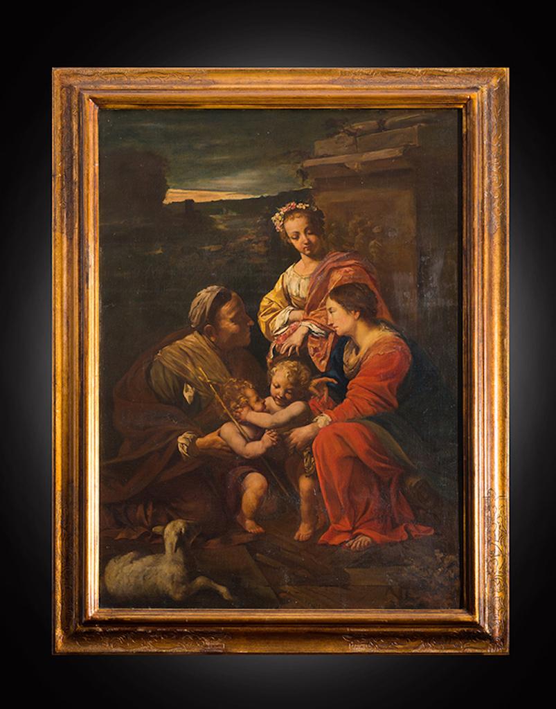 Figurative Painting Unknown - Peinture à l'huile ancienne sur toile "La Sainte Famille". France début 19ème siècle