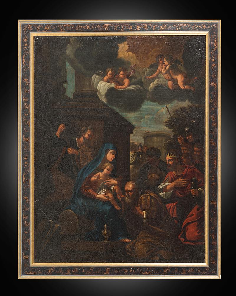 Unknown Figurative Painting - Antique oil painting on canvas  "The Adoration of the Magi." Naples 18th century
