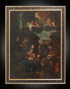 Antikes Ölgemälde auf Leinwand  "Die Anbetung der Heiligen Drei Könige. Neapel 18. Jahrhundert