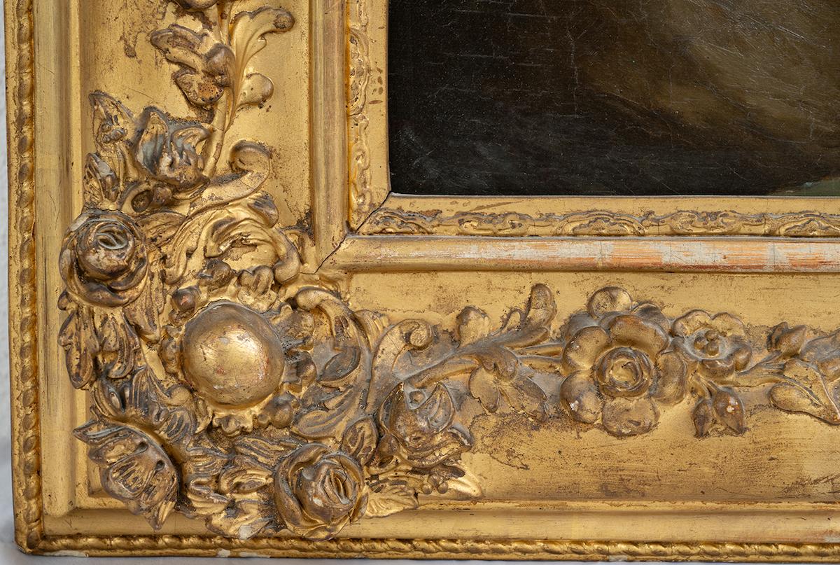 Peinture ancienne à l'huile sur toile représentant des nénuphars au bain, datant de la seconde moitié du XIXe siècle.

La composition de la scène est engagée par les deux femmes à moitié nues représentées dans la campagne.

Les deux personnages sont