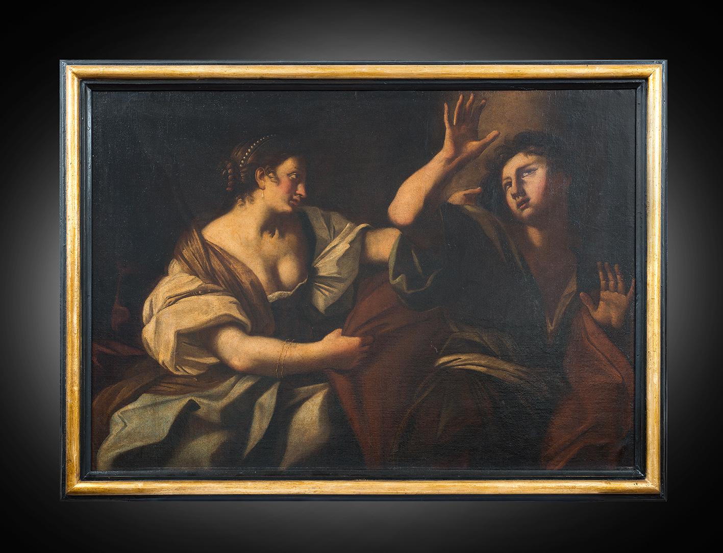 Unknown Figurative Painting - Antique oil-on-canvas painting depicting "Joseph and the Wife of Putifares."
