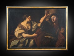 Antique oil-on-canvas painting depicting "Joseph and the Wife of Putifares."