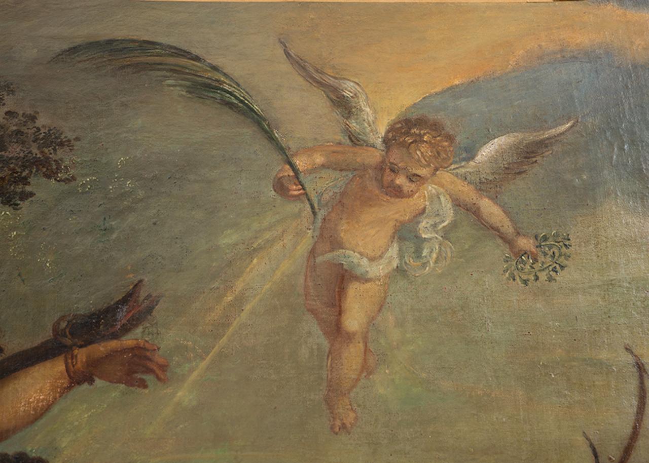 Dipinto antico olio su tela raffigurante il Martirio di San Sebastiano. - Black Figurative Painting by Unknown