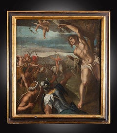 Antikes Ölgemälde auf Leinwand, das das Martyrium des Heiligen Sebastian darstellt.