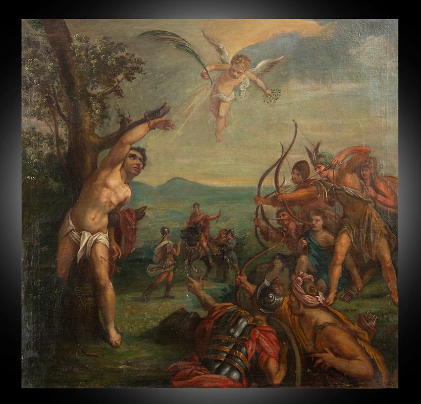Unknown Figurative Painting - Dipinto antico olio su tela raffigurante il Martirio di San Sebastiano.