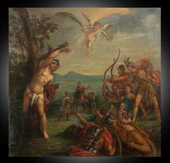 Dipinto antico olio su tela raffigurante il Martirio di San Sebastiano.